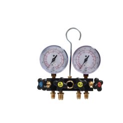 Manometerställ, "Pulsfri", 4-vägs, R410A, R32 analog manometer, med slangar och låda
